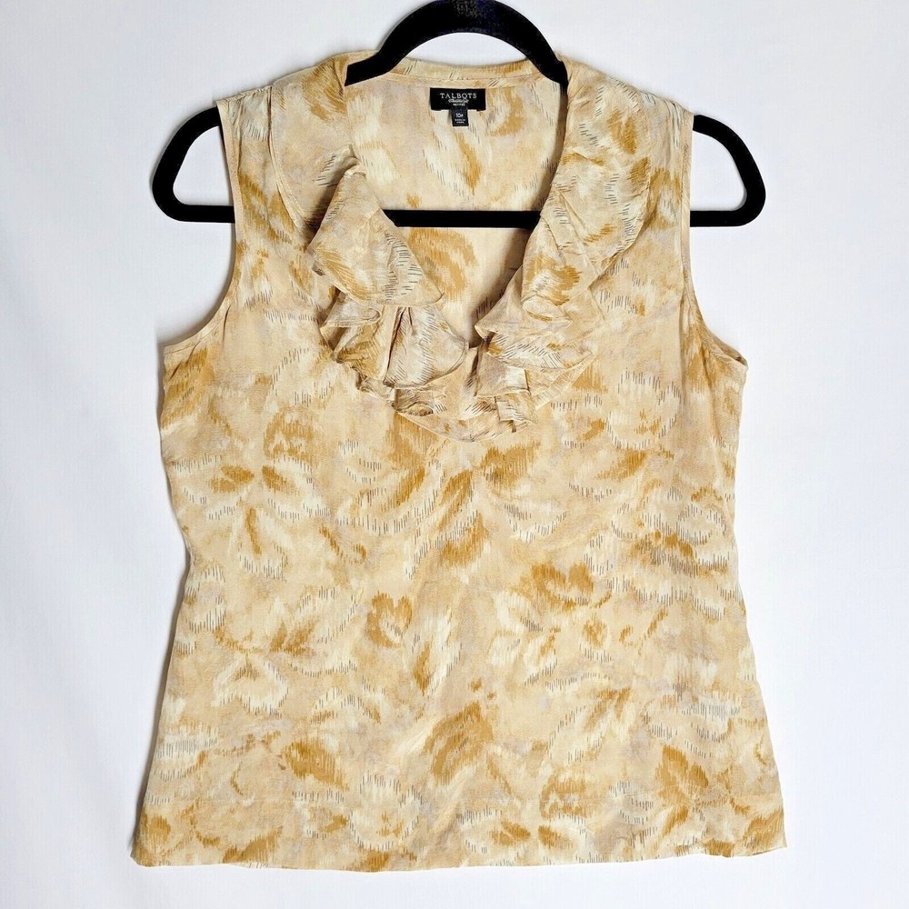 Talbots Sleeveless Top 100% Silk Size10P Floral Abstracted Print Ruffle V-Neck